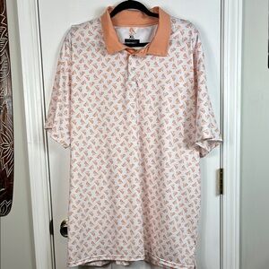 Peach/white short sleeved polo shirt size XL. Has a peach bird design all over.